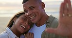 Selfie, happy and face of couple at beach for romance, bonding and quality time on weekend. Travel, dating and portrait of man and woman kiss for picture by ocean on holiday, vacation and honeymoon