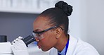 Black woman, scientist thinking and microscope, analysis of specimen with focus on science experiment. Medical research, female doctor in safety goggles review data and test sample in laboratory