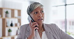 Phone call, conflict and an angry business woman arguing while upset in her professional office. Mobile, contact and anger with a senior female manager in disagreement over a smartphone conversation