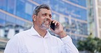 Senior executive, man in city with phone call and communication, networking or casual conversation outdoor. Male with smile in urban street, talking on mobile and business contact with technology