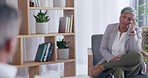 Business woman, therapy and meeting in counseling for mental health issues or problems at office. Therapist or psychologist listening to female explaining stress or anxiety in session at workplace