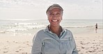 Face, relax and elderly woman at a beach for travel, vacation and summer holiday outdoors. Portrait, smile and senior mexican lady enjoying travel, trip and ocean holiday in Florida, excited and free