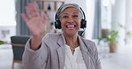 Business woman, video call and headphones consulting for virtual meeting, greeting or introduction at office. Portrait of happy female employee talking with headset for remote interview or networking