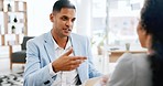 Business people, interview and meeting in hiring, documents or recruitment for job opportunity at office. Businessman talking to candidate, new recruit or intern for onboarding portfolio at workplace