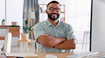 Face, arms crossed and happy business man in office smile, excited and empowered with positive mindset. Portrait, confidence and proud male leader with vision, ambition and mission focus at a desk