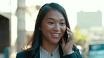 Business, phone call and happy woman walking in city for conversation, mobile networking or chat. Face of female worker outdoor on mobile communication, smartphone contact or speaking in urban street