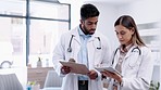 Teamwork, tablet or doctors for planning surgery strategy in collaboration together in medical hospital. Healthcare nurses writing or reading online cardiology news report, feedback or research data