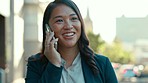 Happy business woman, phone call and walking in city for conversation, mobile networking or chat. Face of female employee with cellphone communication, smartphone contact and speaking in urban travel