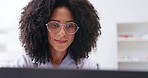 Happy woman, doctor and reading laptop in hospital, planning research or online report. Face, female healthcare employee and smile with glasses at computer, medical article and telehealth in clinic
