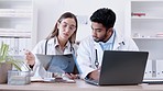 Teamwork, laptop or doctors with x ray planning a surgery strategy in collaboration together in an office. Medical healthcare nurses reading online cardiology news report, feedback or research data