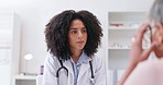 Woman, doctor and consulting patient at clinic in diagnosis, illness or healthcare at hospital. Female medical professional talking to sick customer in health consultation, advice or cure at pharmacy