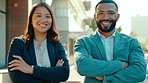 Happy, city and business people with crossed arms for partnership, success and leadership in urban town. Professional, collaboration and portrait of man and woman with confidence, mindset and pride