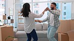 Apartment, smile and couple with boxes, dance and celebration for new property, investment and romance. Homeowners, man and woman dancing, excited and quality time with happiness and relax at home