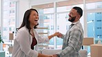 Love, house and couple with boxes, dance and excited for apartment, celebration and relationship goals. Partners, man and woman with happiness, dancing and real estate with quality time or homeowners