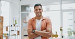 Business man, arms crossed and face of a project manager with confidence and proud from work. Office, portrait and happy businessman with company success and entrepreneur goals and career vision