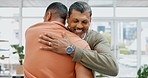 Businessman, hug and welcome partner at office with kindness, happiness and excited at reunion. Father, son and love at family business with hand shake, support and happy in workplace for meeting