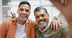 Senior father, son and selfie with face, smile and peace sign with happiness for bond, love and quality time. Men, family profile picture and photography for social network, web app or blog with care