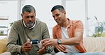 Video game, adult son and old man bonding, playing online games and fun on sofa in apartment. Happiness, senior dad and grown child in happy gaming competition, technology and quality time together.