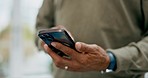 Closeup, hands and man with a smartphone, typing and connection for social media, texting and chatting. Mature male, guy and person with a cellphone, technology and communication with networking