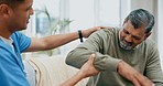 Man, patient and physiotherapist stretching arm, muscle and healthcare for rehabilitation, consulting and assessment. Clinic, physiotherapy and support for shoulder pain, arthritis and medical help 