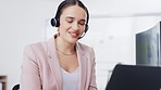 Telemarketing communication, laptop and business woman talking on networking conversation, video call or telecom. Webinar, call center advisor and customer care person consulting on help desk service