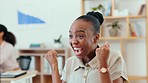 Computer, winner and celebration of business people in office for achievement, goals or target. Winning, excited and happy black woman celebrate with employee for success, promotion and good news.