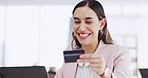 Credit card, smile and business woman with laptop in office for online shopping, digital banking or payment. Computer, ecommerce and female professional on internet for sales, finance and fintech.