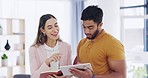 Business man, woman or partner with tablet with notebook, talking and team work for planning strategy. Businessman, partnership and reading notes for goals, ideas or collaboration at startup office