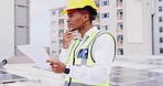 Thinking, solar panels or black man with blueprint in engineering planning construction or inspection. Sustainability, renewable energy or male electrician working on renewable energy or electricity