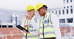 Tablet, construction site or engineering people planning or speaking of building strategy or maintenance. Mature woman, black man or architect team talking or pointing at industrial project together 