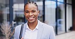 Smile, city and face of business black man with confidence, positive mindset and goals. Leadership, professional and portrait of happy male entrepreneur with pride, success and career in urban town