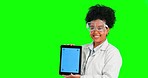 Woman, scientist and tablet with tracking markers on green screen for advertising against a studio background. Female medical expert in science showing technology display for Telehealth on mockup