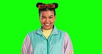Happy, face and woman in a studio with green screen with a funky, edgy and stylish fashion outfit. Happiness, smile and portrait of African female model with style isolated by a chroma key background