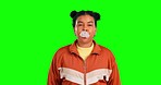 Face, happy woman and blowing bubblegum on green screen, color background and cool attitude. Portrait, female model and chewing gum, candy sweets and carefree gen z laughing for fun, fashion or style