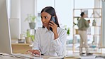 Business woman, phone call and computer consulting for customer service or support at the office. Female consultant or agent talking on smartphone for discussion, conversation or advice at workplace