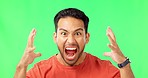 Face, green screen and man screaming, angry and upset guy against a studio background. Portrait, male person and model with anger, shouting and frustrated with facial expression, stress and yelling