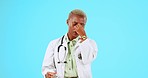 Black woman, doctor and headache in burnout, stress or anxiety against a blue studio background. African female medical professional suffering bad head pain, ache or strain and overworked on mockup