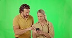 Green screen, talking and couple with a smartphone, connection and social media against a studio background. Partners, man and woman with a cellphone, mobile app and search for info and conversation