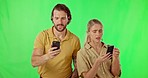 Bad, signal and couple with phone on green screen studio with delay, problem and internet issue. Smartphone, glitch and annoyed people with poor connection, 404 or glitch, confused and frustrated 