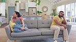 Couple, separation and fight on sofa in conflict, argument or divorce in living room dispute at home. Angry or upset man and woman on couch in depression after disagreement, ignore or fighting