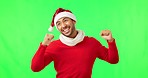 Green screen, man and Christmas dance with hat feeling happy for promotion, deal or holiday sale. Isolated, studio background and person dancing or pointing in festive winter celebration happiness