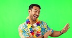 Man, dance and vacation shirt by green screen, studio background and excited face in Hawaii mockup. Young guy, wave dancer and happy with tropical fashion for holiday, journey and flowers for mock up