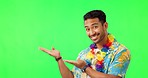Green screen, Hawaii and face of man with summer, holiday or tropical promotion, marketing or mockup space. Happy, casual asian person on vacation with discount mock up, isolated on studio background