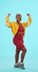 Muscle, fitness and black woman flex in studio for motivation, empowerment and strong body. Gym mockup, sports and portrait of happy female person ready for exercise, workout and training in studio