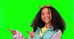Face, green screen and woman pointing, choice and smile with girl against a studio background. Portrait, female person and happy model with hand gesture, decision and opportunity with emoji and sign