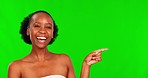 Face, black woman nod and green screen pointing with a laugh to  spa treatment deal. Chromakey space, mockup and wellness aesthetic with a African female model showing cosmetic and beauty promotion