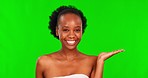 Face beauty, black woman nod and green screen with hand to show spa treatment and deal. Chromakey space, mockup and wellness choice with a African female model showing a cosmetic promotion and offer