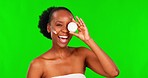Beauty cream, black woman face and green screen with product and skincare for acne. Dermatology, laugh and young African female model with smile from facial lotion, moisturizer and sunscreen 