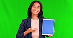 Business woman, face and blank tablet with green screen mockup and employee showing website deal. Digital marketing, chromakey space and female worker portrait with technology and social media offer