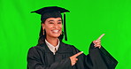 Graduation, student and woman pointing finger on green screen for mockup space, choice or success. Face of african person happy for education, graduate future and university or college achievement